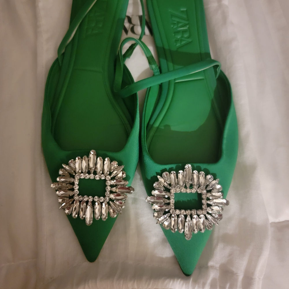 Zara Emerald Satin Shoes with Crystal Embellishment